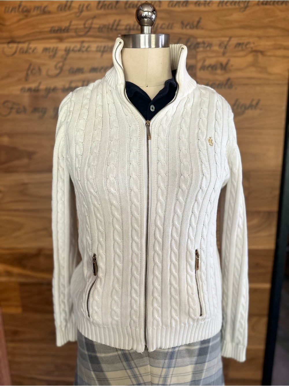 Lauren Ralph Lauren Cream Cable-Knit Gold Zip Cardigan 100% Cotton